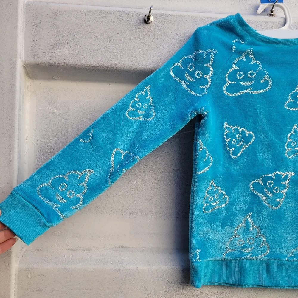 Justice size 7 fuzzy velvet plush sweater poop turd emoji metallic print